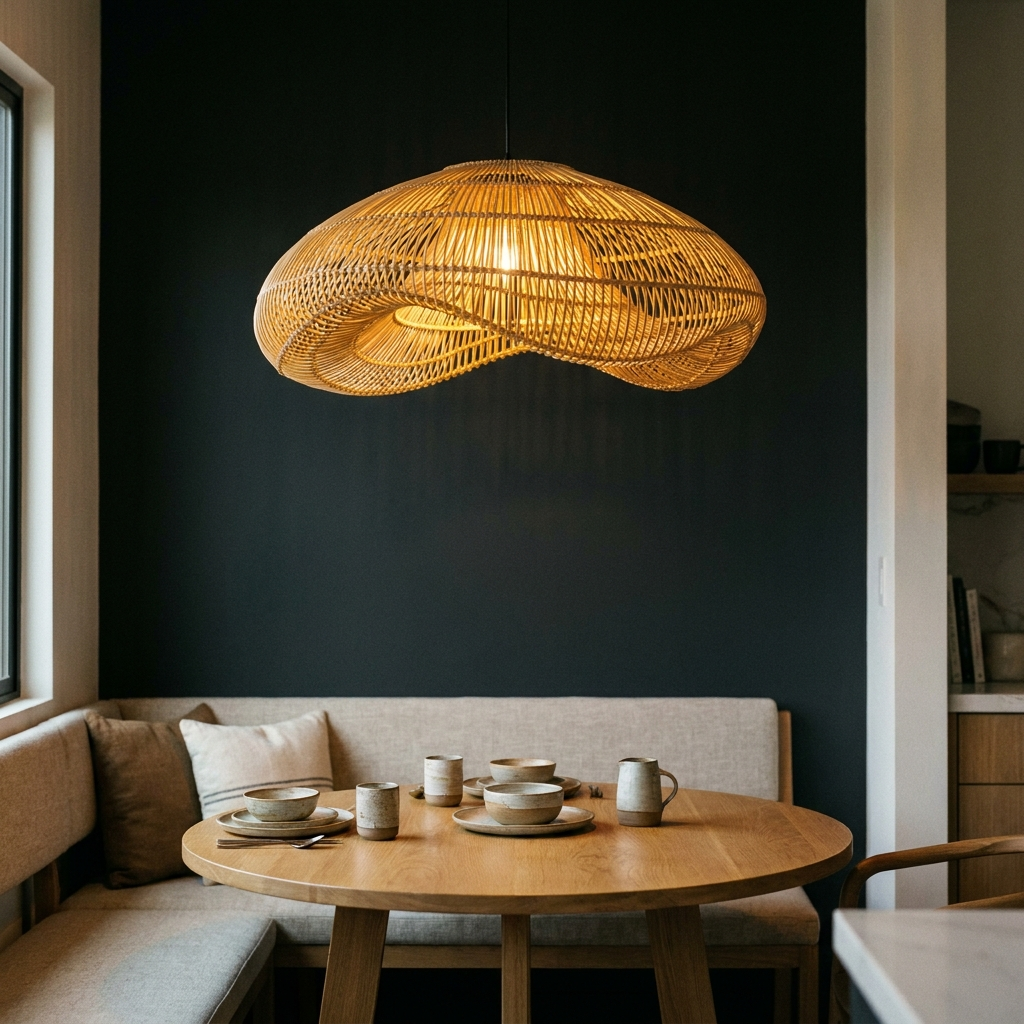 Woven rattan pendant light glowing over a cozy dining nook