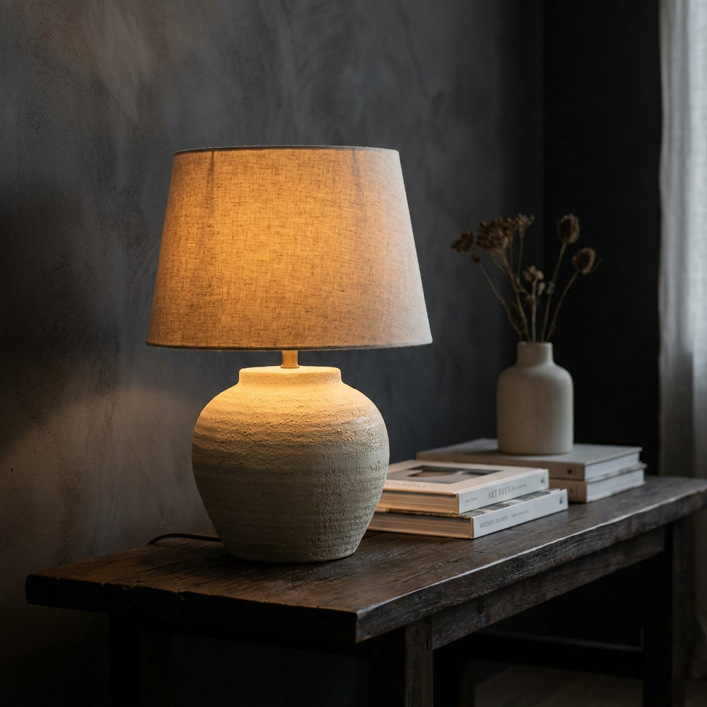Ceramic table lamp glowing warm on a wooden side table