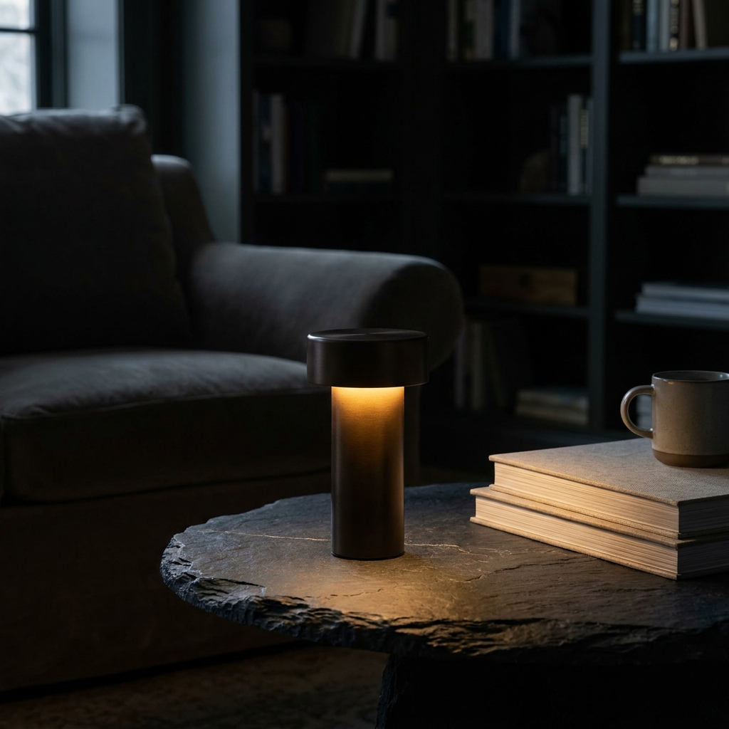 Cordless portable LED lamp glowing on a dark stone surface