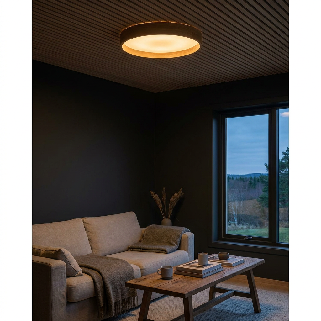 Wooden flush mount ceiling light glowing in a cozy room