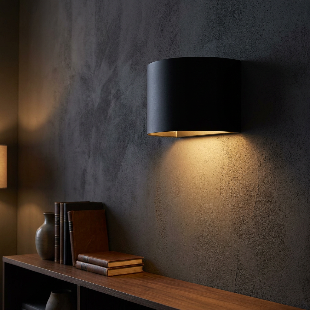 Black indoor wall sconce glowing against a moody textured wall